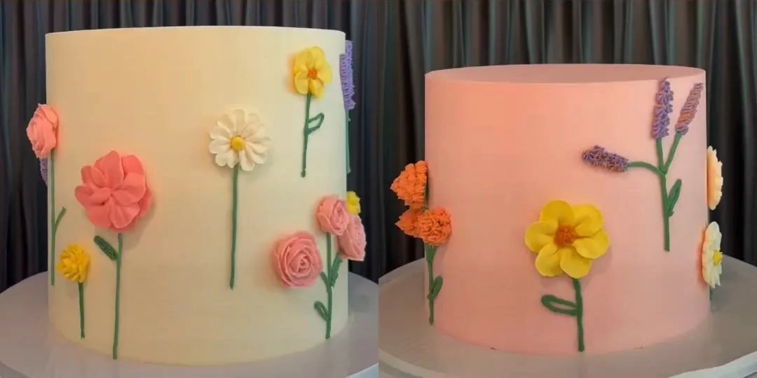 Cakes decorated with hand piped flowers